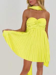 Women Y2K Pleated Strapless Mini Dress Silk Satin Ruffle Short Dress Scarf A Line Tube Dresses Beach Clubwear - 芥末黃 - 查看 2