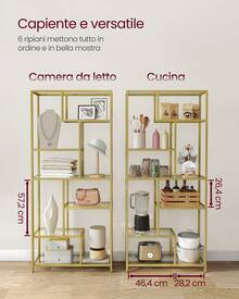 Libreria Scaffale, Libreria Verticale a 6 Ripiani, Porta Piante, 30 x 80 x 180 cm, Vetro Temperato, Studio Soggiorno Camera da Letto Cucina, Oro Metallico - Dorato - Visualizzare 2