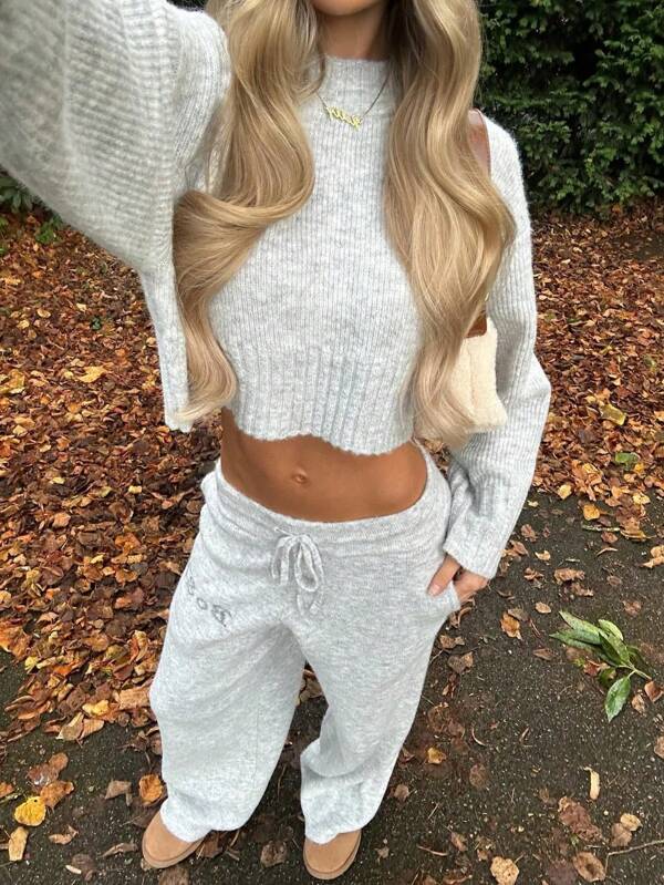 Dames herfst- en winterkleding Effen kleur Casual cropped trui met lange mouwen Gebreide broek Tweedelig pak