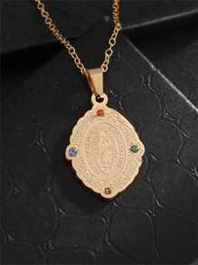 1pc Fashionable Colorful Cubic Zirconia Virgin Mary Pendant Necklace, Stainless Steel Jewelry Gift For Women