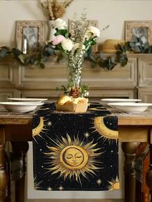 1 pieza / 10 piezas Camino de mesa con diseño de luna y sol, estilo moderno, decoración del hogar, material de imitación de lino, 33*91cm/33*183cm/33*274cm, 3 opciones de tamaño, suministros para fiestas, decoración de habitaciones. Adecuado para decoración del hogar y la cocina, y decoración de eventos y fiestas.