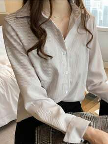 Versátil camisa a rayas mujeres diseño sentido nicho luz superior suelta camisa - Caqui - Ver 2