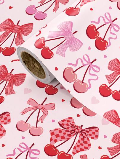 1 Roll 43cm X 500cm (17in X 16.4ft) + Pink Rose Sweet Cherry Wrapping Paper + Sweet Cherry Dream Theme, Romantic Style, Suitable For Valentine's Day, Birthday, Best Friend Gifts And DIY Decoration + Ideal For Young Women, Especially Girls And Female Students Who Prefer Cute, Sweet Aesthetics