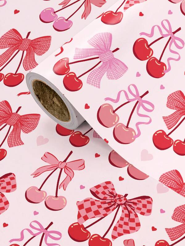 1 Roll Pink & Cherry Bowknot Decorative Wrapping Paper Rolls, Romantic Style, Suitable For Birthday, Valentine's Day, Singles Party, Anniversary