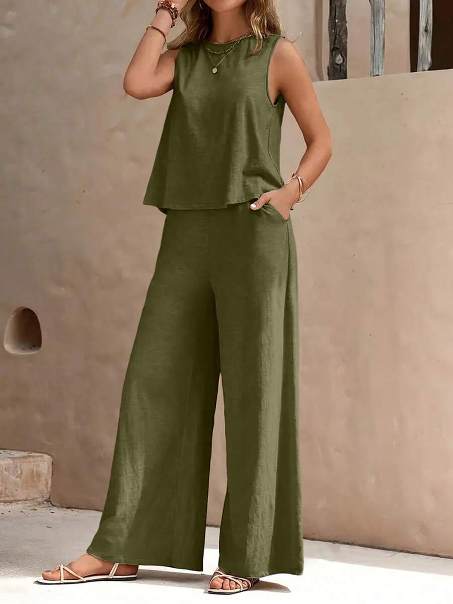 Spring - Summer Casual  Set, Sleeveless Polyester Top, Wide - Leg Pants Combo, Fashion Solid Color Two - Piece - 軍綠色 - 查看 1