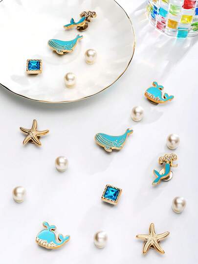 18pcs Marine Style Hollow Out Clogs Charms Set, Including Whale, Mermaid, Starfish Etc., Removable Decorative Buttons For Hollowed Sandals & Slippers, Suitable For All Seasons, Gift For Holidays