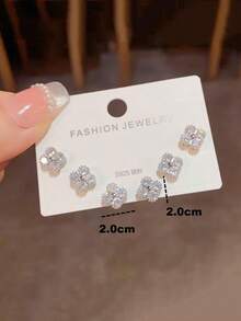 3 Pairs Luxury 925 Sterling Silver Four-Leaf Clover Stud Earrings, Micro-Inlaid CZ, Suitable For Women's Daily Wear And Gifts