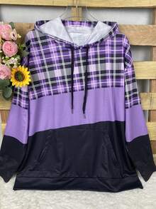 1pc Plus Size Casual Long Sleeve Loose Hoodie Sweatshirt, Women Elegant Plaid Contrast Color Print Hooded Pullover With Drawstring, Autumn/Winter