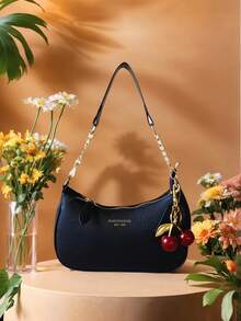 1 件黑色 Wild Letter 卵石纹 PU 皮革单肩包 - 夏季斜挎新月包，带樱桃吊坠，纯色腋下钱包，适合购物、海滩和学校