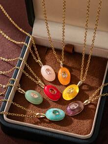 1 件精致时尚的不锈钢锆镶嵌水滴形吊坠项链，适合女性自由搭配日常服饰，适合度假休闲和日常佩戴。女士珠宝。 - 彩色 - 查看 5