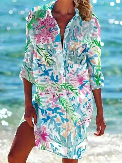 Plus Size Women's Tropical Print Beach Cover-Up