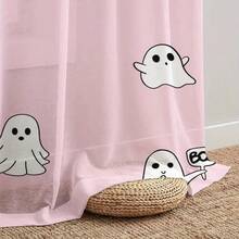 1件万圣节主题印花薄纱窗帘，粉色系幽灵图案，BOO！带杆袋，适合装饰客厅、卧室和其他空间。趣味节日派对礼物，为家居装饰营造节日氛围。
