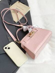 2025 鳄鱼压纹女士手提包，百搭女士小号托特包，适合工作和日常使用，配有围巾 - 粉色 - 查看 5