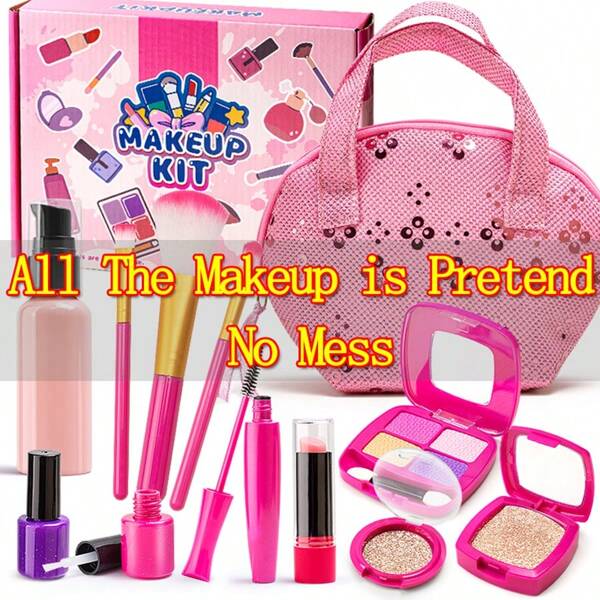 1 Set/11pcs Pretend Play Makeup Kit Toy For Girls, Include Faux Makeup - 1pc Pressable Lotion Bottle, 1pc Rotatable Lipstick, 1pc Sparkling Powder, 1pc 4-Color Eyeshadow Palette, 1pc Mascara, 3pcs Makeup Brushes, 2pcs Nail Polish, 1pc Round Glitter, 1pc Shell Storage Bag