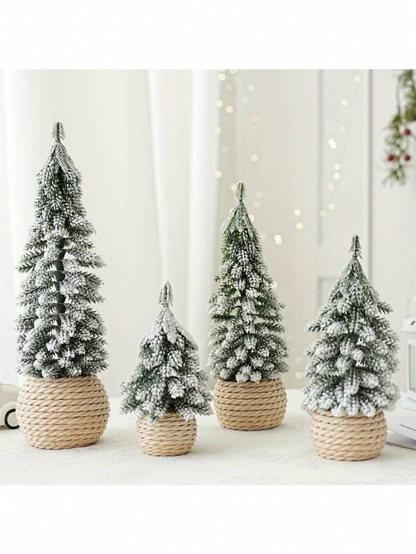 Artificial Mini Christmas Tree, 1/4pcs Snow Flocked Table Christmas Tree With Burlap Rope Base, Unique Christmas Table Decor