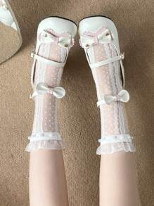 1 par de calcetines a rayas verticales con encaje y perlas decorativas, estilo japonés, para mujer