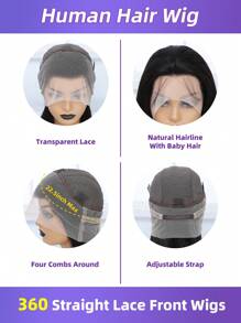 Peruca de Renda Completa 360° Reta Frente de Renda Cabelo Humano 180% de Densidade para Mulheres, Cor Preta, Peruca Frontal de Renda de Cabelo Humano Pré-Desfiada, Cor Natural de Cabelo Humano