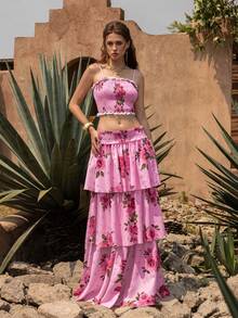 Faeriesty BohoBloom 波西米亚风女士两件套：荷叶边吊带背心和多层长裙 - 适合海滩度假、周末休闲、野餐、夏日漫步 - 西瓜粉 - 查看 7