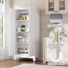 Armario de almacenamiento metálico de estilo rústico con 4 niveles, 2 puertas correderas y 3 estantes ajustables, 155 cm, ideal para la cocina, el hogar, la oficina, el garaje o la sala de estar, color blanco. - Blanco - Ver 6