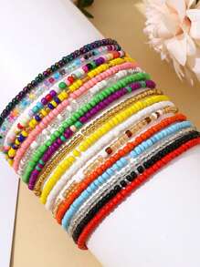 1set/20 Pcs Random Color Bohemian Summer Beach White Black Red Yellow Green Pink Coffee Rice Beads String Anklet Vacation Style - Dyed Products With Slight Errors In Different Batches