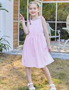 2025 BestEnlifety 3-10T Girls Dresses Sleeveless Summer Dress Bowknot Strap Sundress - 草莓條紋 - 查看 9