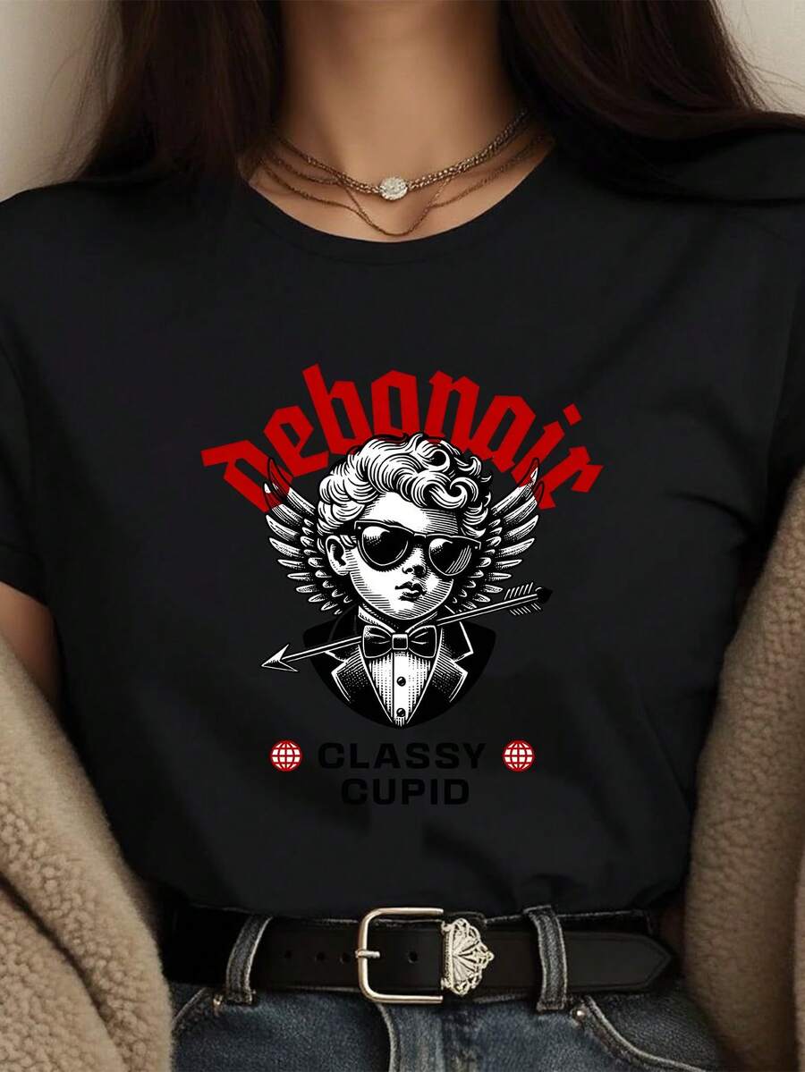 Ladies' T-Shirt, Summer Women's Fun Angel Printed T-Shirt, Available In Black/White, Casual Round Neck T-Shirt, Suitable For Summer Vacation Top.