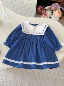 1pc Young Girls Embroidered Floral Ruffled Hem Long Sleeve Dress, Casual Fashion & Comfortable, Autumn - Blue - View 11