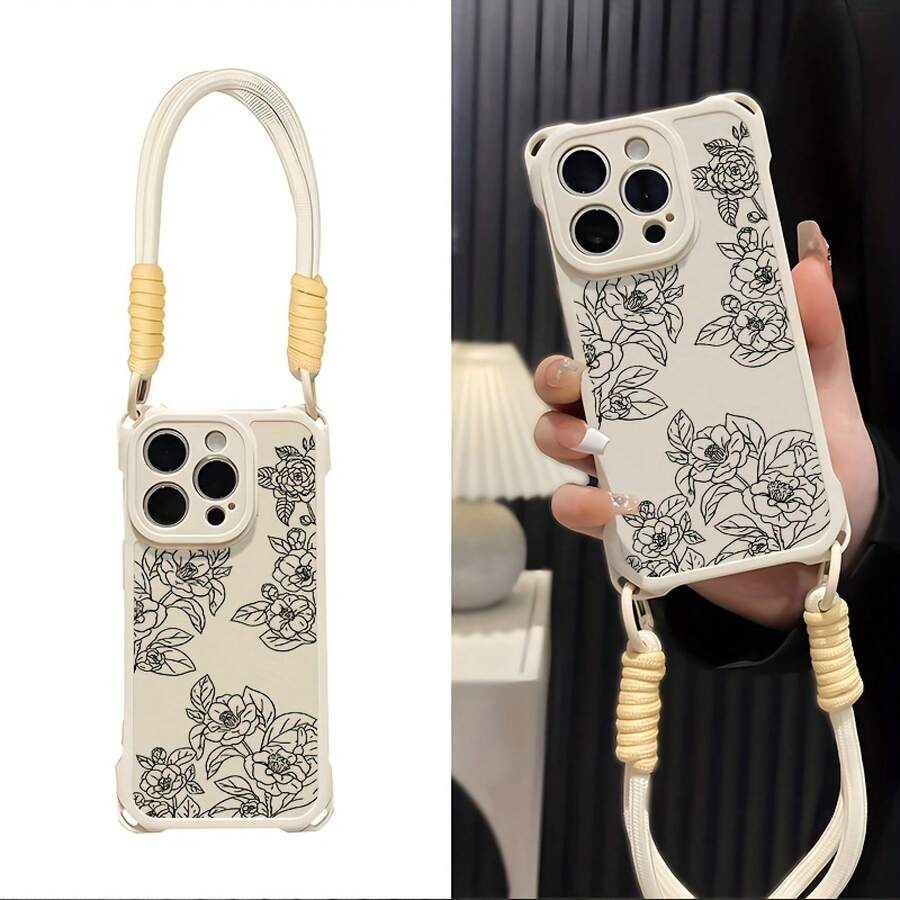 Caja del teléfono Caja del teléfono de la línea de 1PC Cordón portátil con orificios de cuatro esquinas, compatible con 16 15 14 13 12 Pro Plus, protector, antiincrustante, de moda, anticaída - Blanco - Ver 1