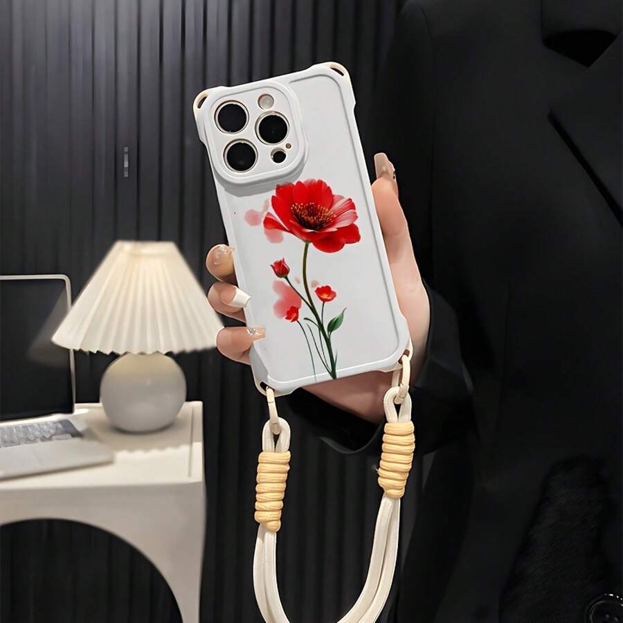 Funda para teléfono 1PC Flower16plus Funda para teléfono móvil con cordón 13promax Hembra 12 Silicona Suave 14 Lente Cubierta Completa Cuatro Esquinas Red anticaída Celebridad 15 Linda Cubierta Protectora - Blanco - Ver 1
