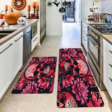 1/2 Stücke Halloween Fußmatte, Horror Rot Schädel und Blumenmuster Küchen Bodenmatte, perfekt für Innen- / Außenbereich, Familienzusammenkünfte, Küche, Esszimmer, Halloween Dekoration, Heimdekoration - Verschiedenfarbig - Übersicht 1