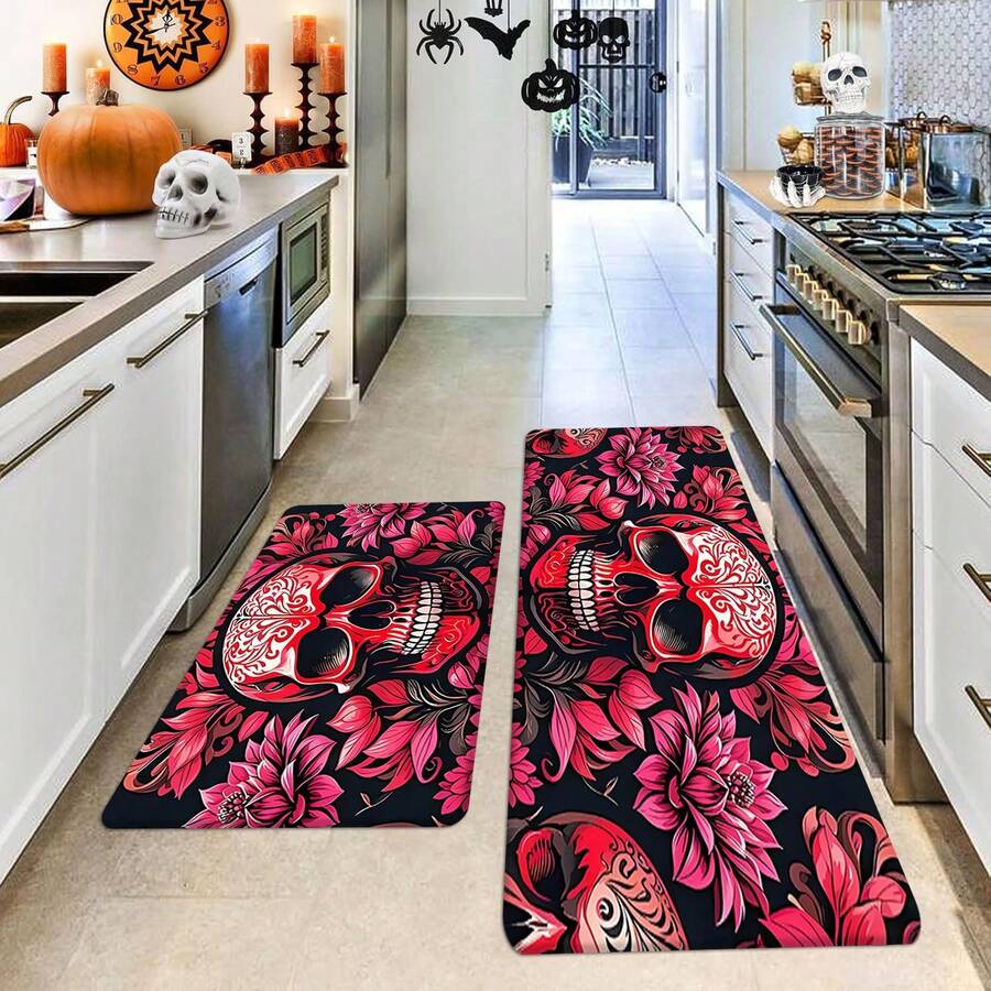 1/2 Stücke Halloween Fußmatte, Horror Rot Schädel und Blumenmuster Küchen Bodenmatte, perfekt für Innen- / Außenbereich, Familienzusammenkünfte, Küche, Esszimmer, Halloween Dekoration, Heimdekoration - Verschiedenfarbig - Übersicht 1