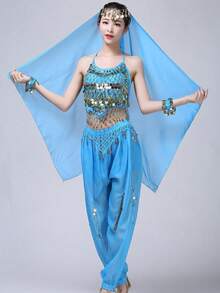 Women's Style Sparkling Belly Dance Three Pieces Set: Sequined Top + Lantern Pants + Headscarf Set For Halloween Carnival Party Stage Performance Costume