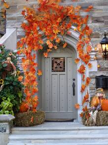 12pcs Bright Autumn Maple Leaf Wreath Vines, Very Suitable For Harvest Season Thanksgiving And Halloween Decorations, Multi-Functional Indoor And Outdoor Decorative Wreaths Simulated Maple Leaf Vines, Wedding Photo Scene Props, Birthday Party Holiday Decorations, Family Autumn Decoration, Room Decor, Home Decor