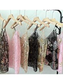 Women Y2K Sequin Cami Top Deep V Neck Mesh Crop Tops See Through Straps Tank Cute Sparkle Backless Low Cut Summer Crop Tops - 黑色 - 查看 4