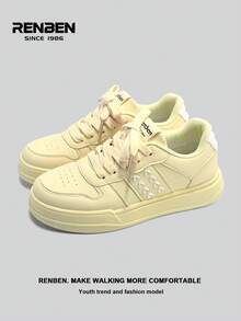RENBEN 1 双休闲厚底系带帆布运动鞋，黄色厚底舒适女式低帮运动步行鞋，适合春夏季服装，2025 年时尚款式