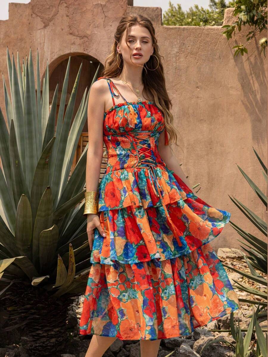 Faeriesty Đầm hai dây họa tiết hoa BohoBloom với bèo nhún phía trước - Thích hợp cho kỳ nghỉ biển, dạo phố thường ngày và các sự kiện lễ hội. Thanh lịch. - trái cam - Xem 1