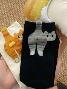 1/2 双装女士随机混色抽象 3D 猫咪图案中筒袜，可爱又别致的猫咪主题中筒袜，女士圣诞礼物