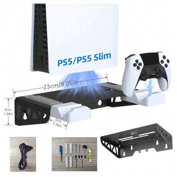 Kit de montage mural P/S5 avec station de charge rapide, chargeur double manette et support pour casque, support mural en métal compatible avec Playstation 5/P/S5 Slim Disc et Digital. Comprend les composants électroniques