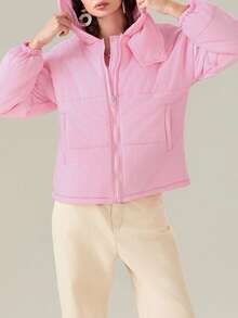 Women's Devil Horn Puffer Jacket Winter Warm Quilted Coat Long Sleeve Zip Up Outwear With Hood - 粉色 - 查看 5