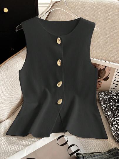 Chaleco de punto de cuello en V con abertura frontal, unicolor, estilo casual de calle para mujer, sin mangas, con botones metálicos, para primavera, verano y otoño, color negro