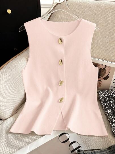 Women's Street Casual Simple Solid Color Cardigan Straight Shoulder Sleeveless Lapel Metal Button Knit Vest Cropped V Neck Down Knitwear Open Front Tops, Spring Summer Fall Pink