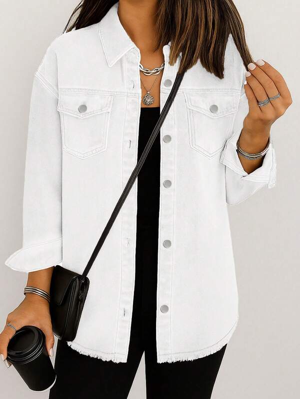 Women's Winter Street Style Oversized Frayed Denim Jacket With Elegant Shirt Collar