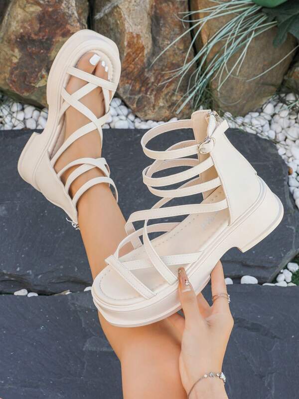 Damen Schwarze Sandalen, neue sommerliche lässige und bequeme Outdoor-Sandalen mit dicker Sohle, Kreuz-Riemen und Reißverschluss hinten, offene römische Stil Schuhe