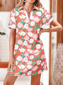 Acelitt Summer Multicolored Plant Flower Print Contrasting Lapel Short Sleeved Dress For Vacation And Leisure