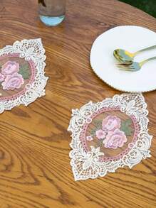 2 Stück Retro Bestickter Spitzen Untersetzer - Nordischer Stil Dreidimensional Bestickter Rose Untersetzer, 100% Polyesterfaser, hitzebeständend, dekorative Tischdecke, geeignet für Heim-Küchen-Dekoration und Foto-Hintergrund, Fotografie-Requisiten, Applikations-Accessoires DIY.