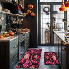 1/2 Stücke Halloween Fußmatte, Horror Rot Schädel und Blumenmuster Küchen Bodenmatte, perfekt für Innen- / Außenbereich, Familienzusammenkünfte, Küche, Esszimmer, Halloween Dekoration, Heimdekoration - Verschiedenfarbig - Übersicht 4