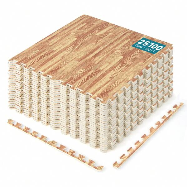 25 Tiles Wood Grain EVA Foam Floor Mats Interlocking W/ Borders 24'' Natural