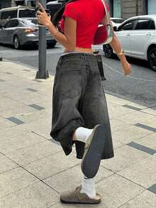 小码 Y2K 街头风复古七分牛仔裤，水洗猫须斜插口袋阔腿百慕大牛仔短裤，休闲舒适高品质七分裤，牛仔风秋季服装，万圣节女装