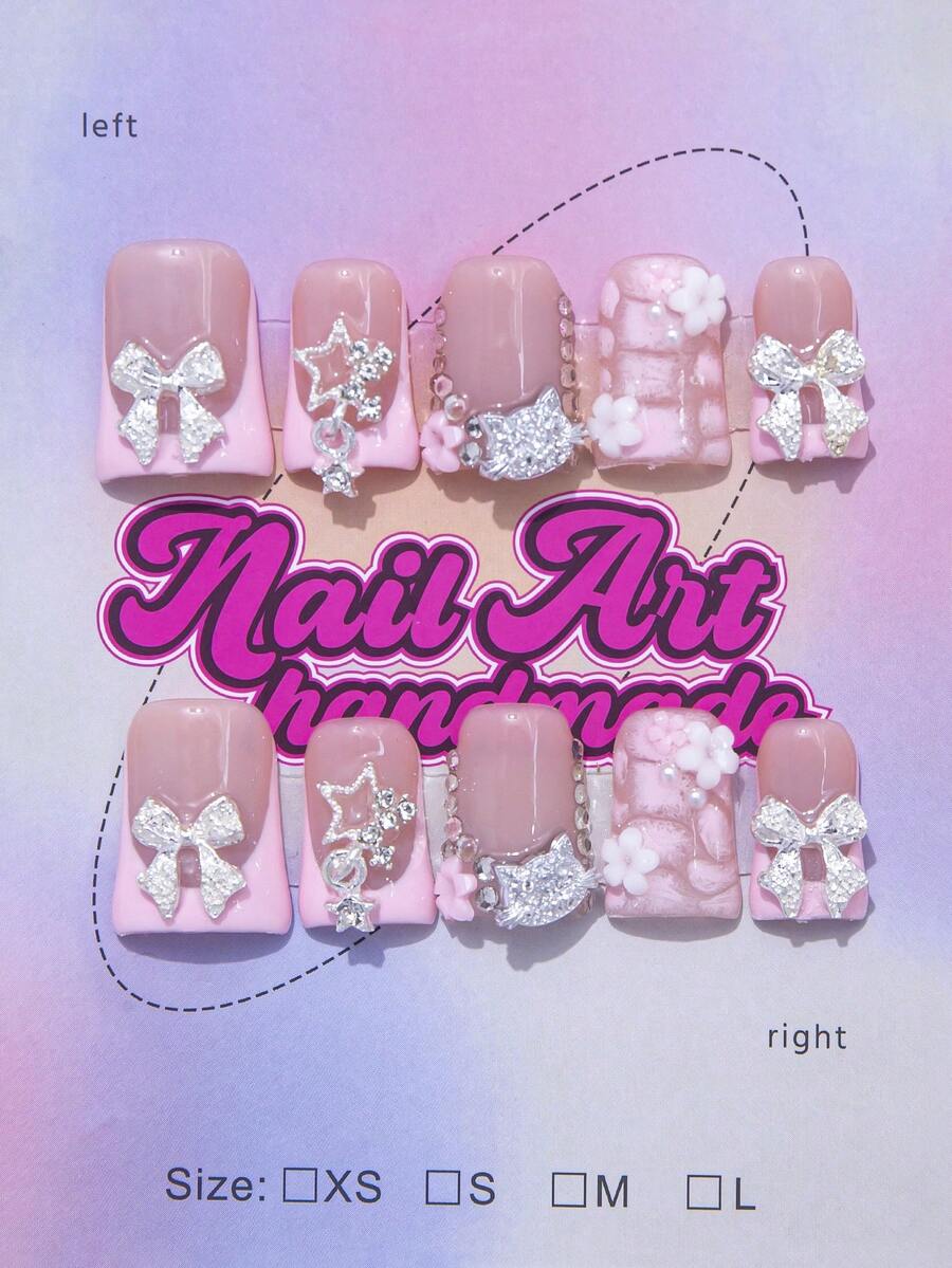10 件手工 Y2K 指甲鸭嘴按压指甲套装 - 手工制作，粉色指甲，白色法式风格，3D 手工粉色花朵，粉色小花元素设计，闪亮水钻和金色蝴蝶结装饰 - 适合女士和女孩，派对、婚礼、日常佩戴，包含工具包。鸭嘴指甲。夏季指甲。美甲用品 指甲 - You Make Me Melt - 查看 1
