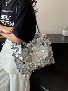 1 件亮片新款 PVC 亮片单肩包，女士亮片矩形单肩包，独特拉链开合链条肩带手拿包，时尚闪光单肩包，个性化闪光街头背包，通勤背包 - 銀色 - 查看 2